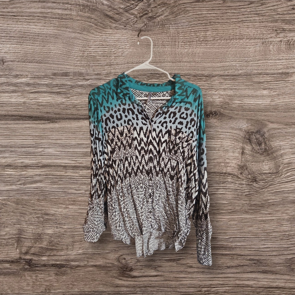 New Directions Teal and Brown Patterned Blouse